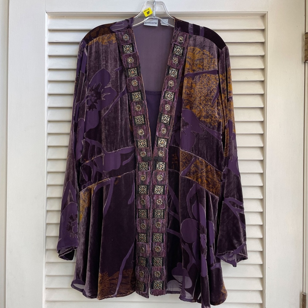 Chicos Velvet Jacket Embellished With Medallions, Includes Matching Tank, Size 2